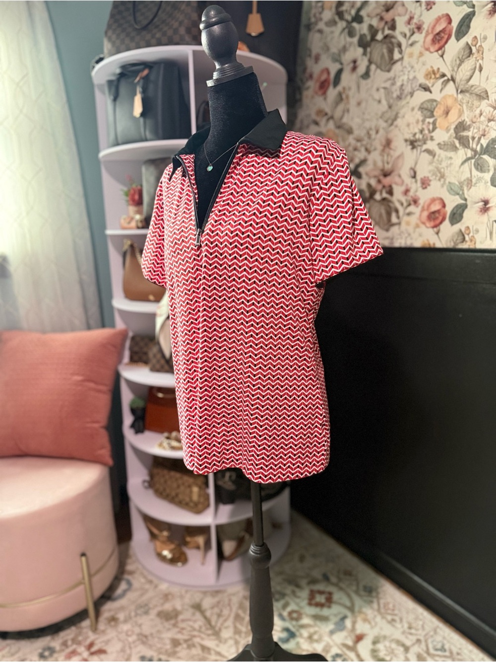 Tail Red Chevron Short Sleeve Polo with Black Collar